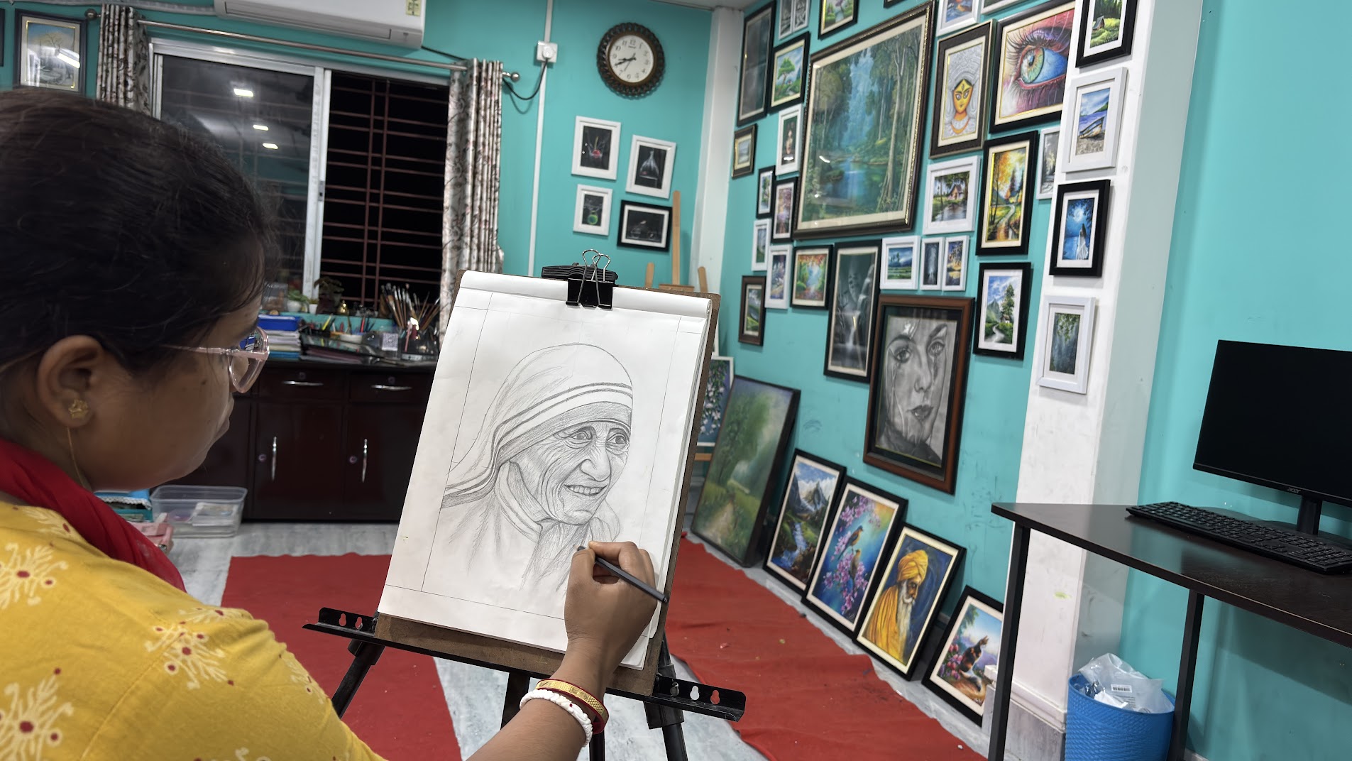 Watercolor portrait titled The Gaze by student Rehan Siddiqui